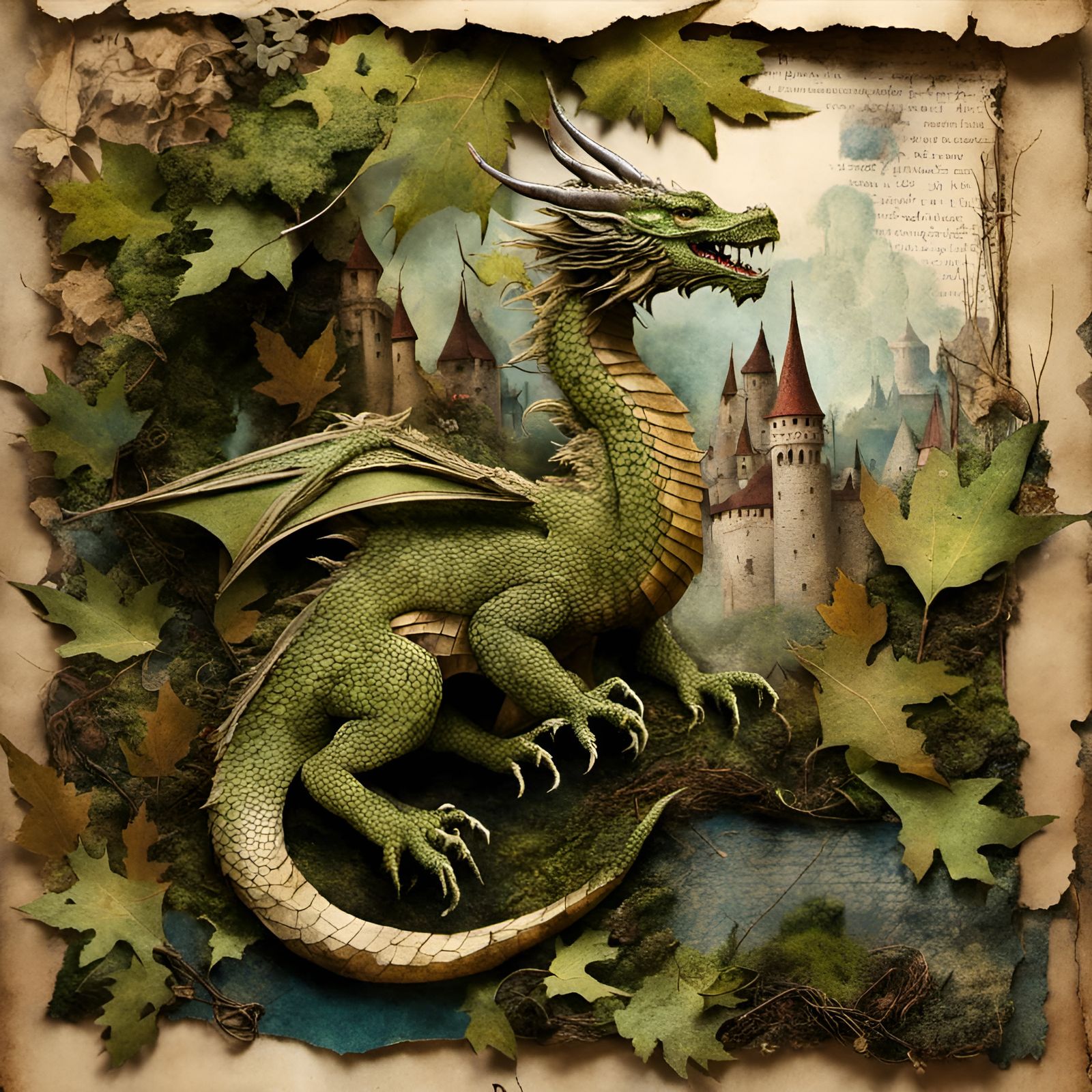 Dragon Rampant Near Castle in Storybook Collage