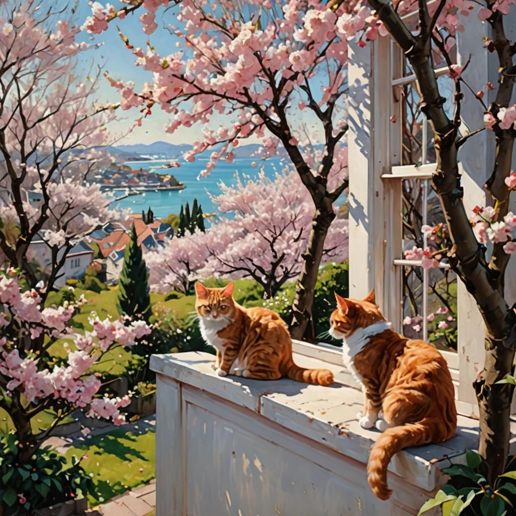Cherry Blossom Sea View with Ginger Cats