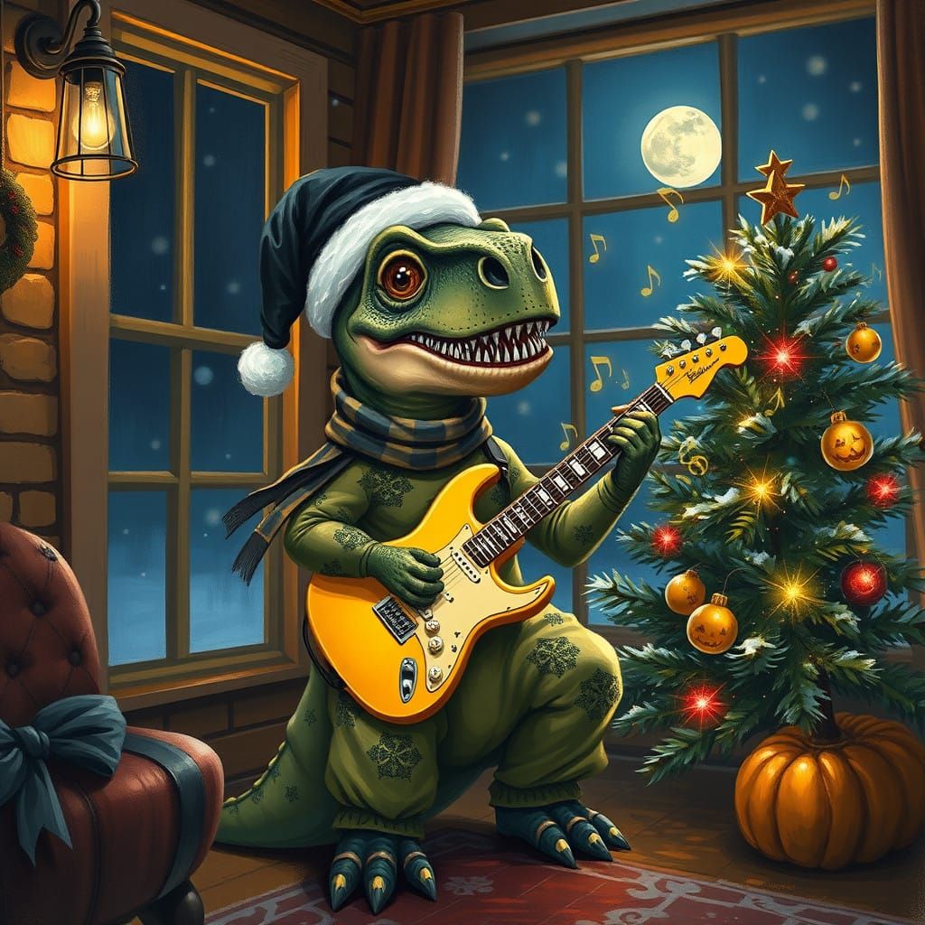 Goth Dinosaur Girl Plays Guitar by Festive Tree in Cozy Post...
