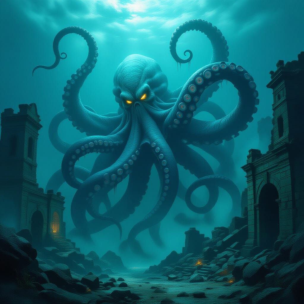 Colossal Kraken Rises from Sunken City Ruins