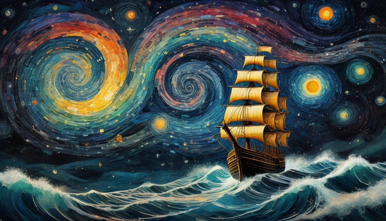 Cosmic Ship Sailing Through Starry Vortex