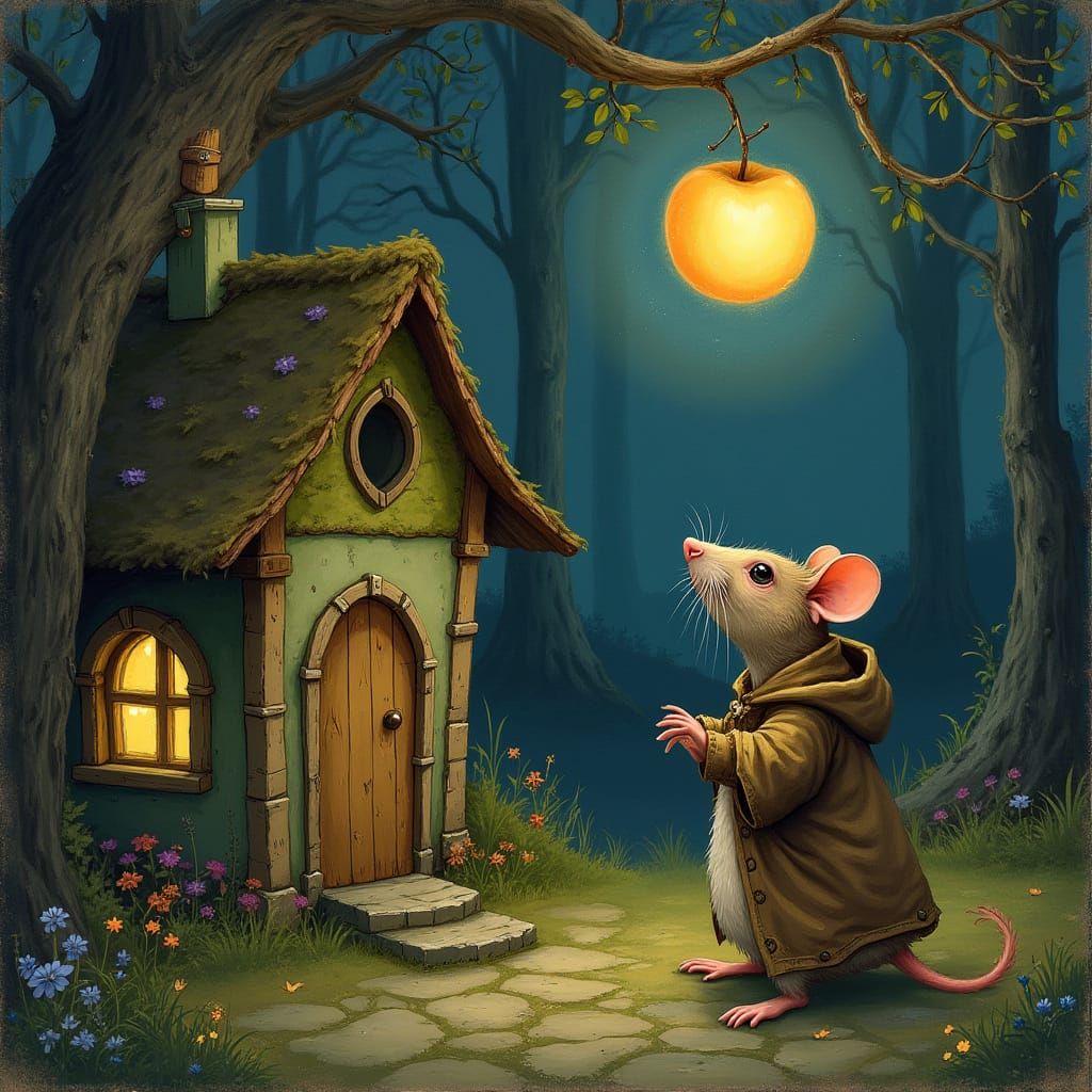 Rat and Glowing Apple, Whimsical Art