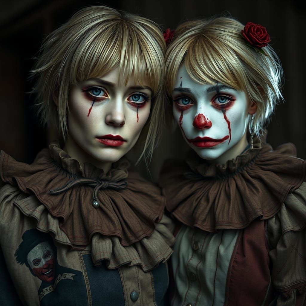 Melancholic Clowns Portrait in Chiaroscuro Style