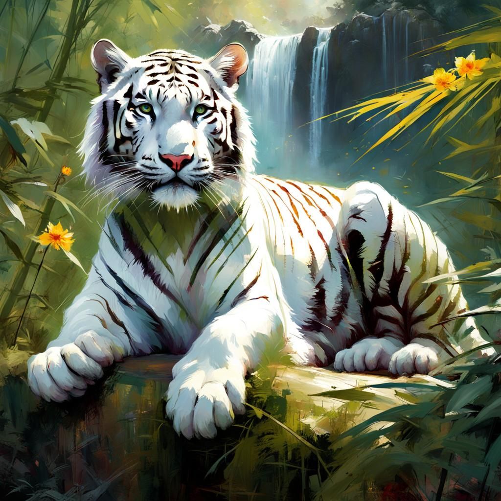Adorable White Tiger in Bamboo Forest Painting