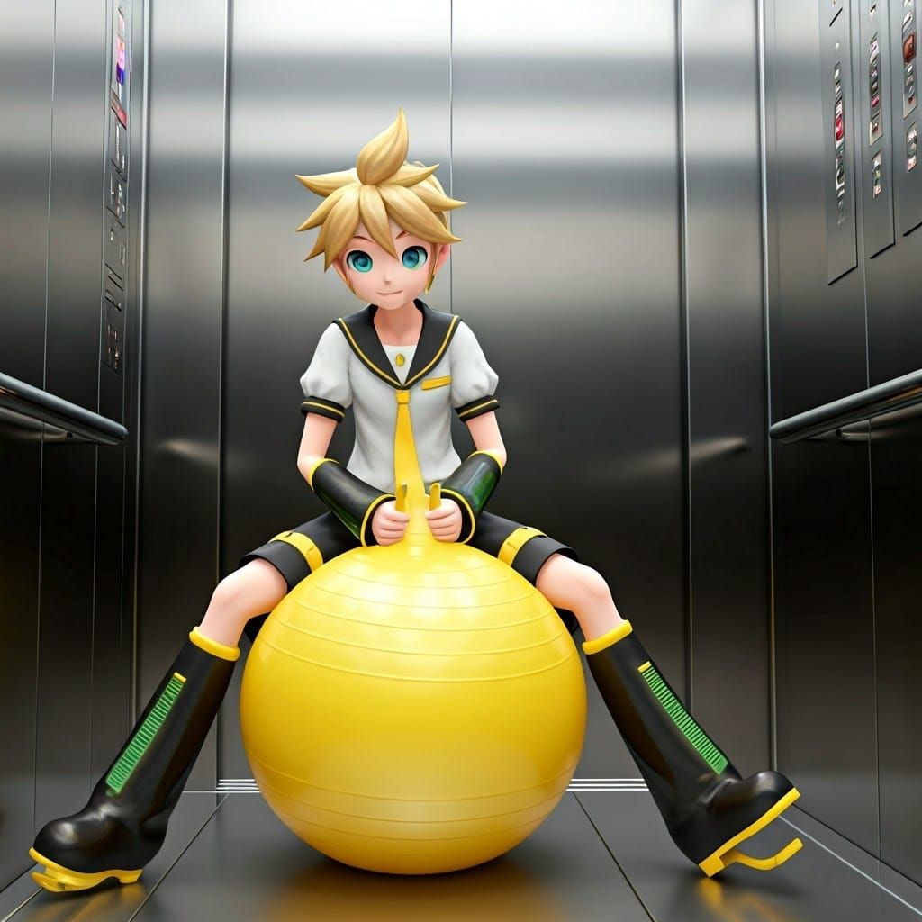Kagamine Len Bounces on a Yellow Ball in the Elevator