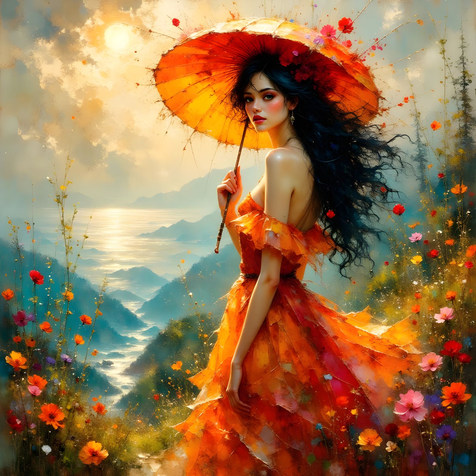 Woman with Parasol in Impasto Oil Glaze Style