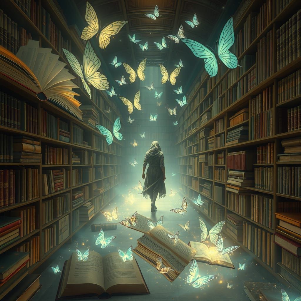 Dreamlike Library with Floating Books in Surreal Style