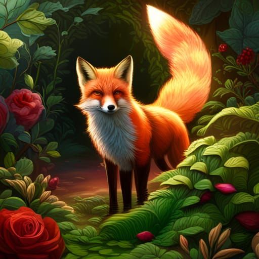 Fox in Rose Bush: Detailed Matte Painting
