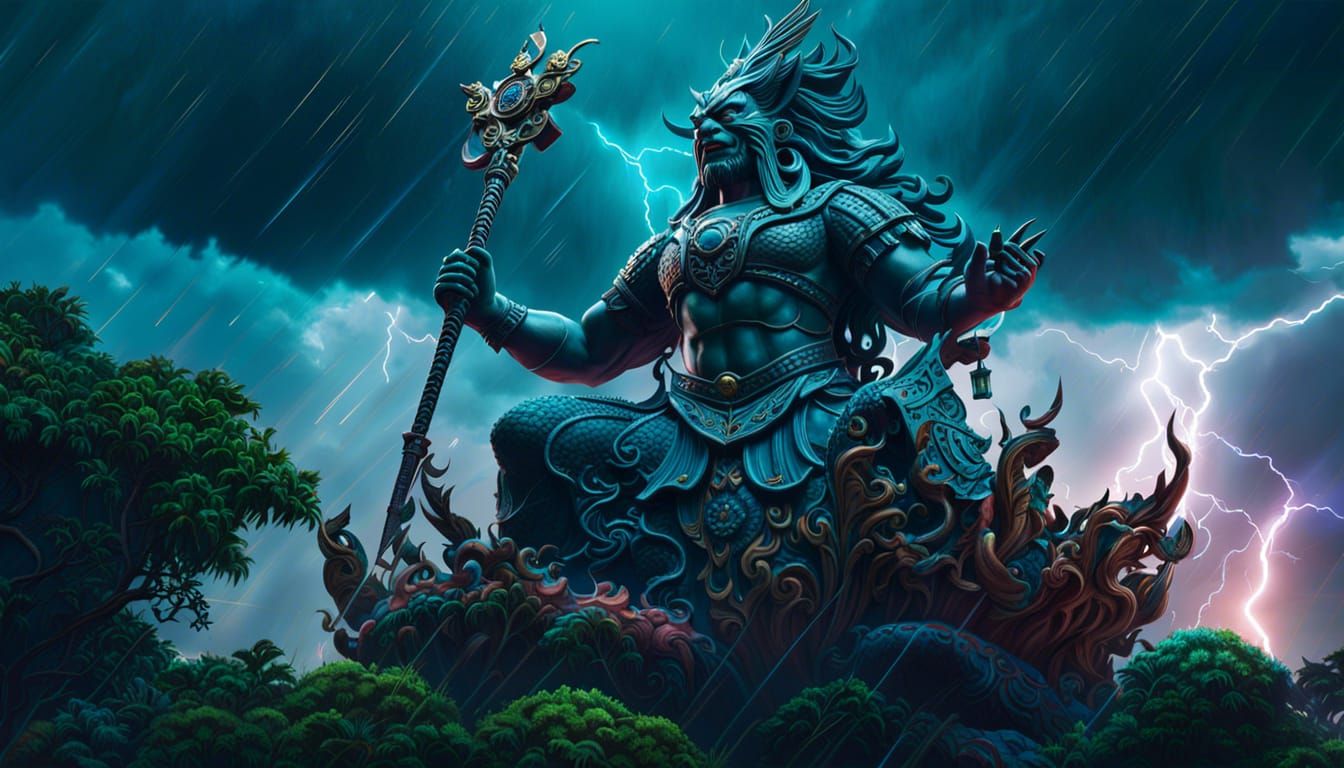 Lei-Gong Statue in Jungle Storm, Matte Painting