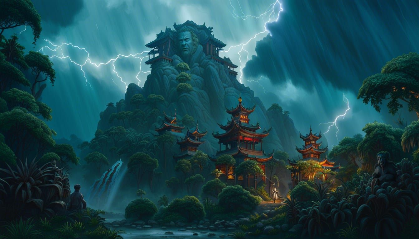 Lei-gong Statue in Jungle Storm: Matte Painting