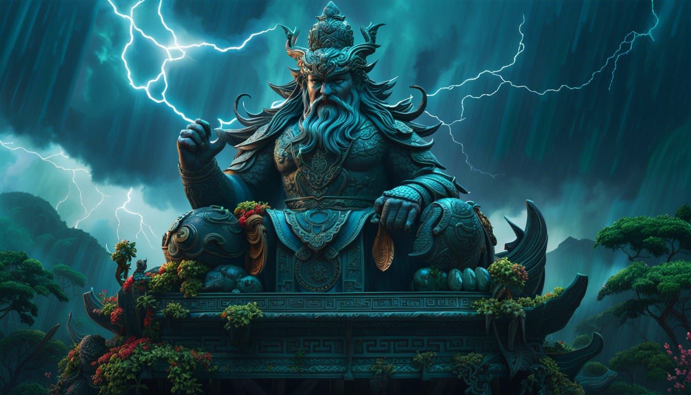 Lei-gong Statue in Jungle Storm, Matte Painting