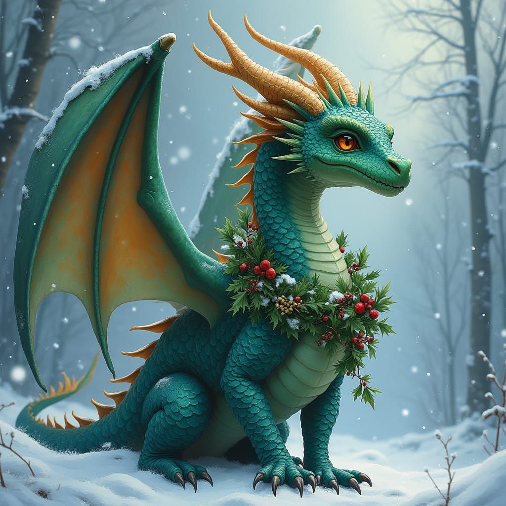 Whimsical Winter Dragon in Emerald and Sapphire Scales