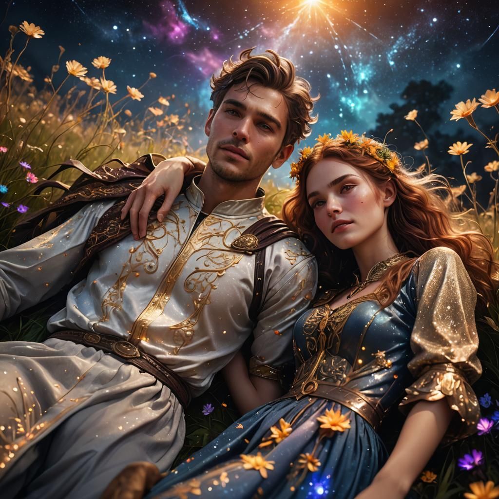Magical Lovers Stargazing in Fantasy Field