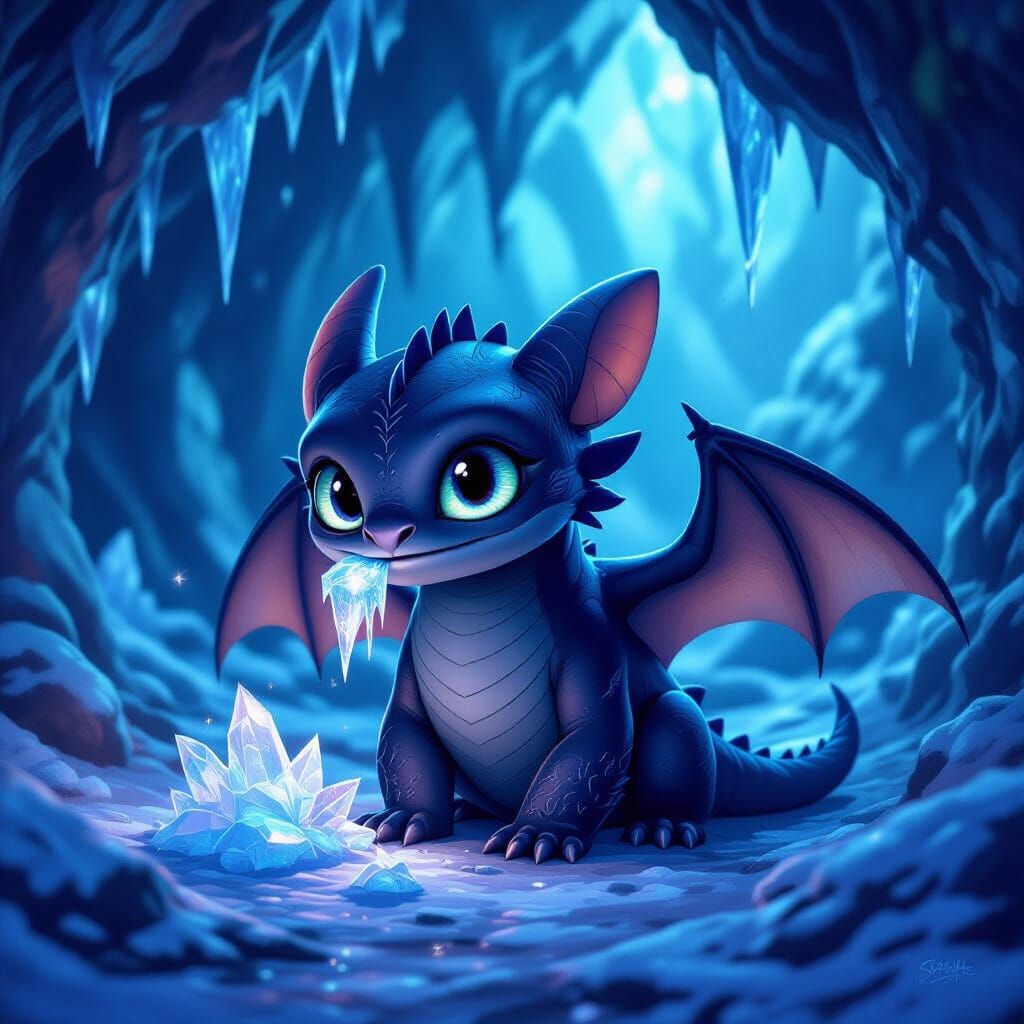 Baby Toothless in Mystical Cave with Ethereal Glow