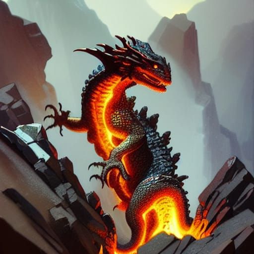 Fiery Lava Dragon in Volcanic Landscape