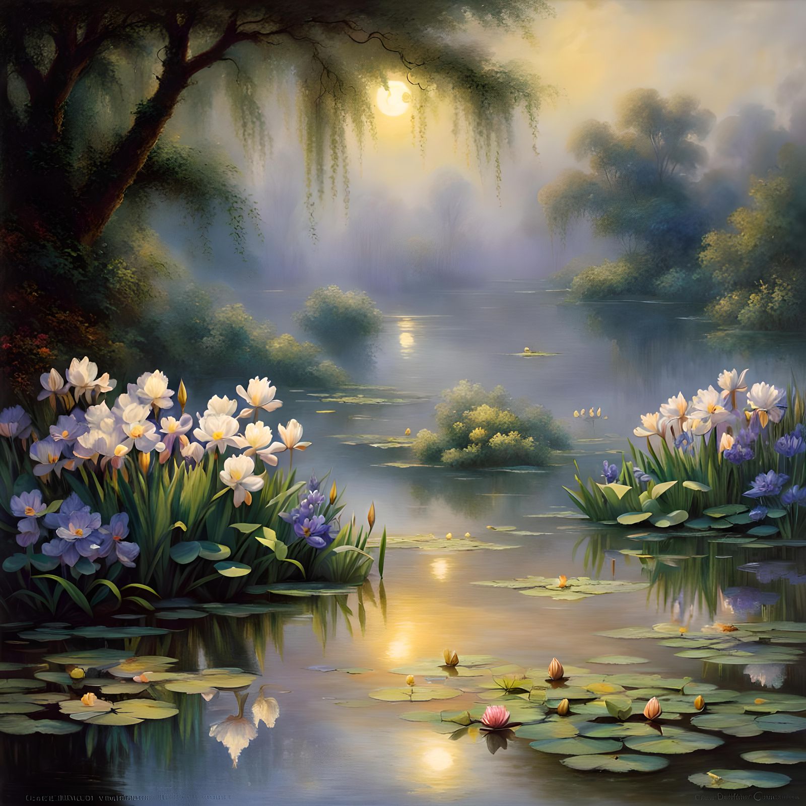 Moonlit Pond: Irises and Water Lilies