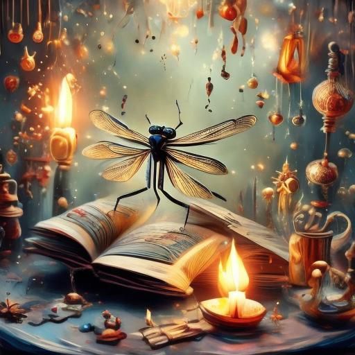 Dragonfly, Candle, and Book in Fairy Tale Style