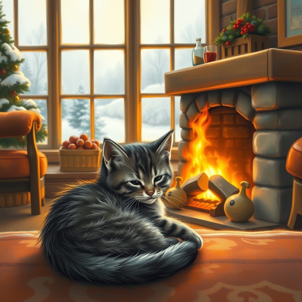 Cozy Kitten by Fireplace in Snowy Landscape Oil Painting