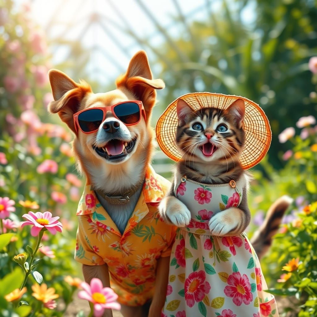 Dog and Cat in Summer Clothes in Photorealistic Style
