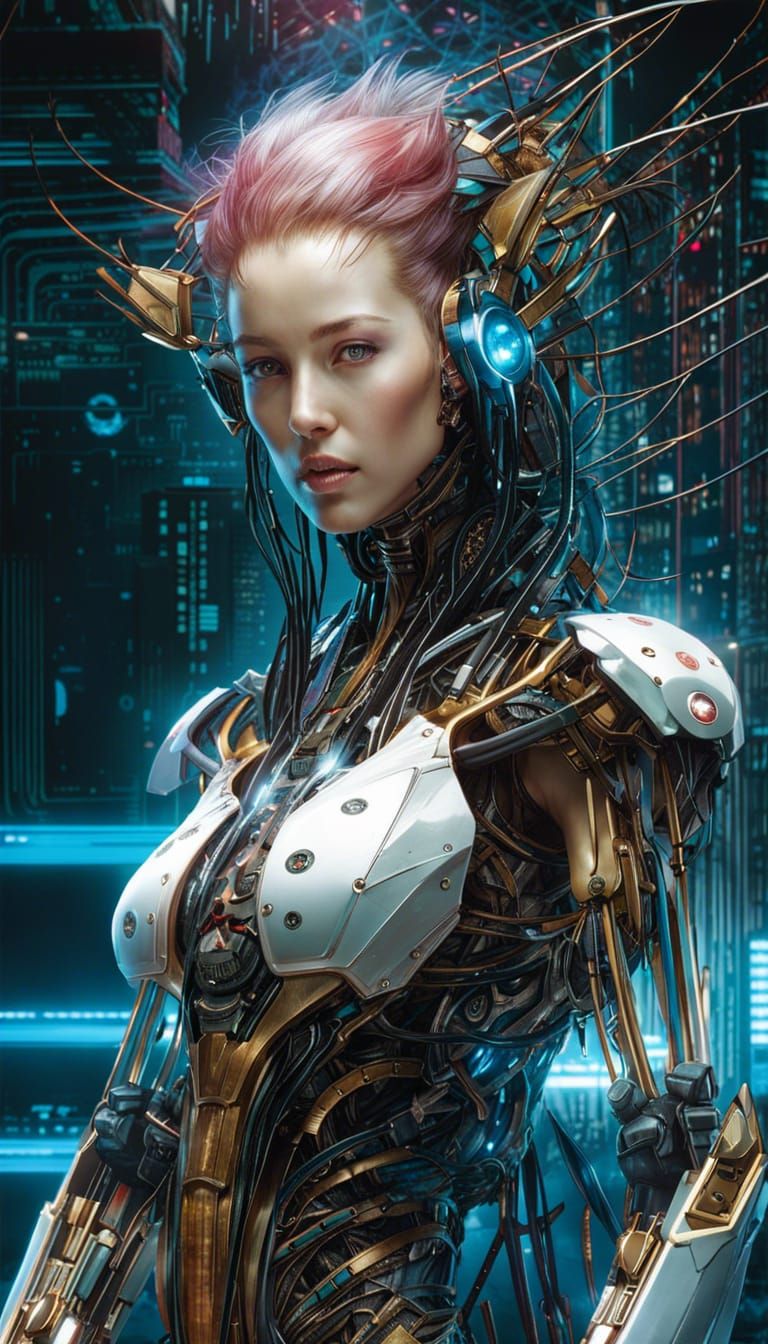 Cybernetic Humanoid Transformation in Digital Art Style