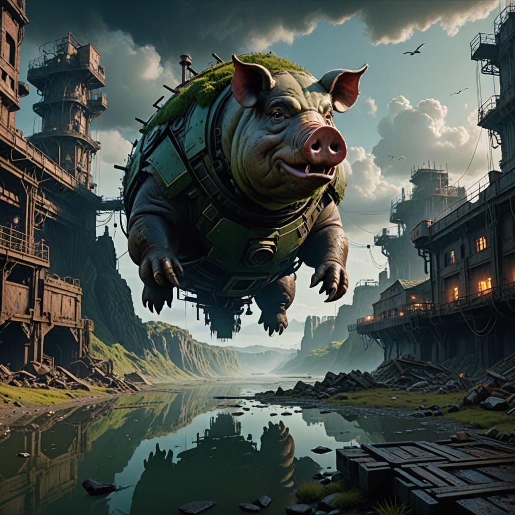 Desolate Industrial Landscape With Floating Pig Matte Painti...