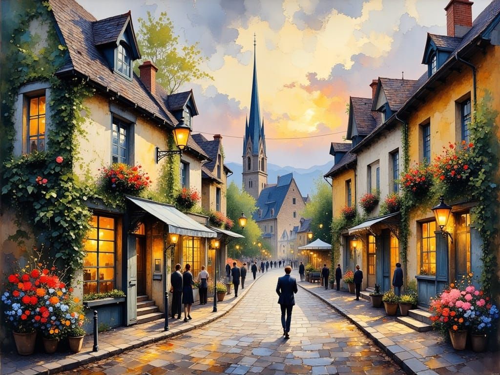 Impressionist Village Street Scene at Dusk