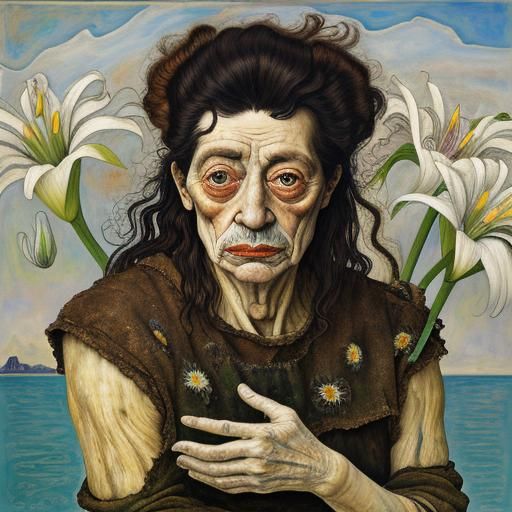 Elderly Nude with Lily, Expressionist Style