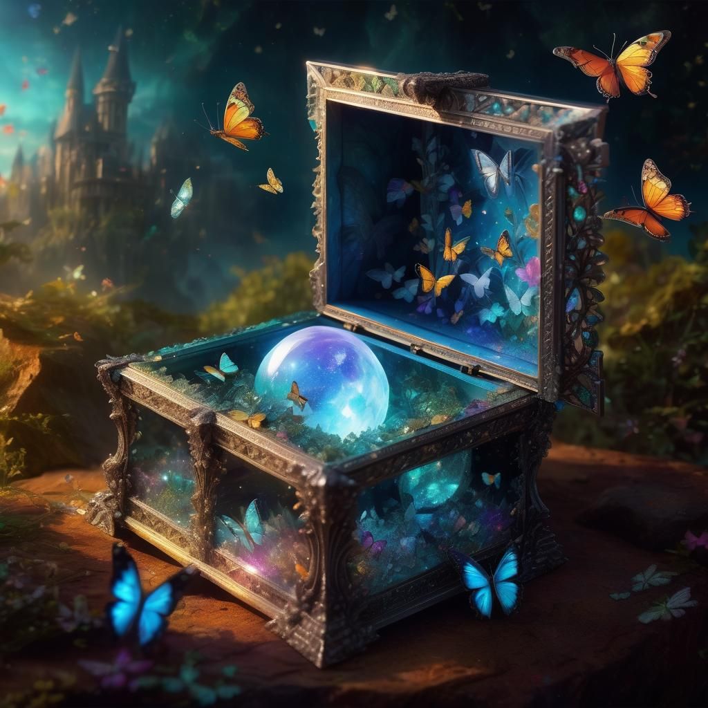 Crystal Box Containing Moon and Earth with Fairies