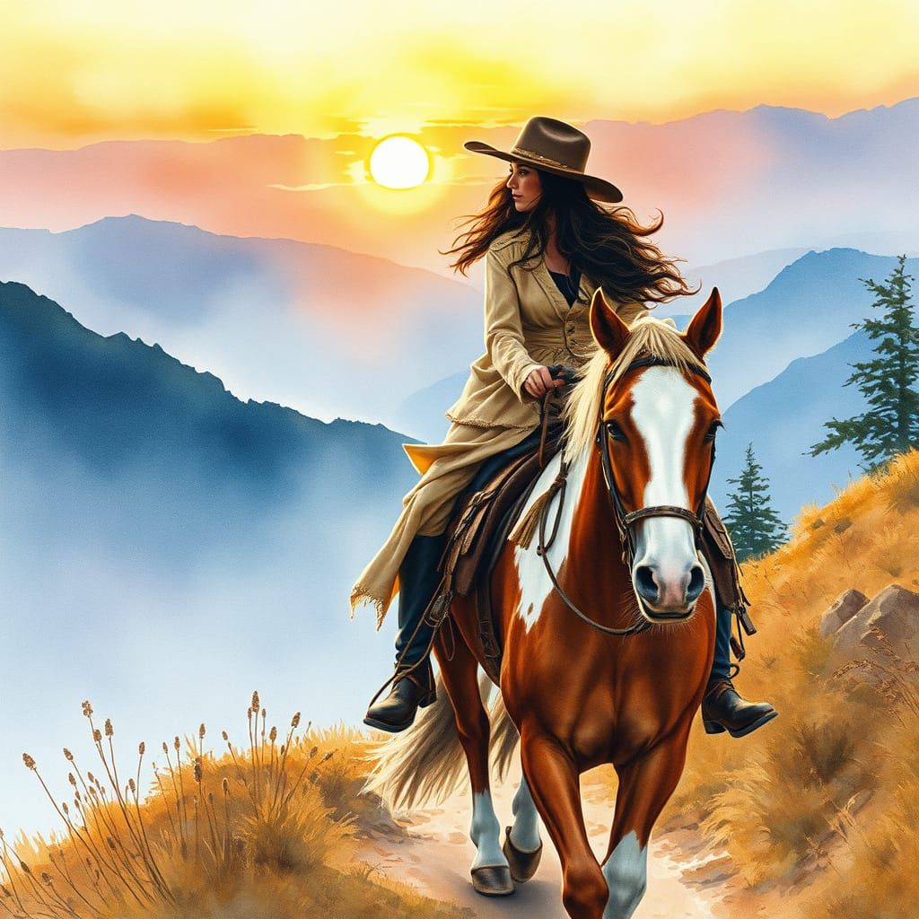 Cowgirl on Horseback at Sunset in Watercolor Style