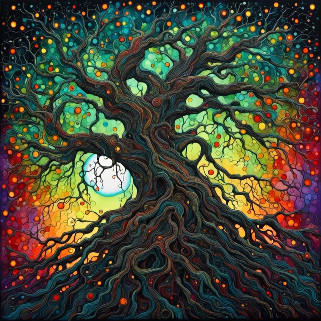 Whimsical Tree with Colorful Lights in Pen and Ink