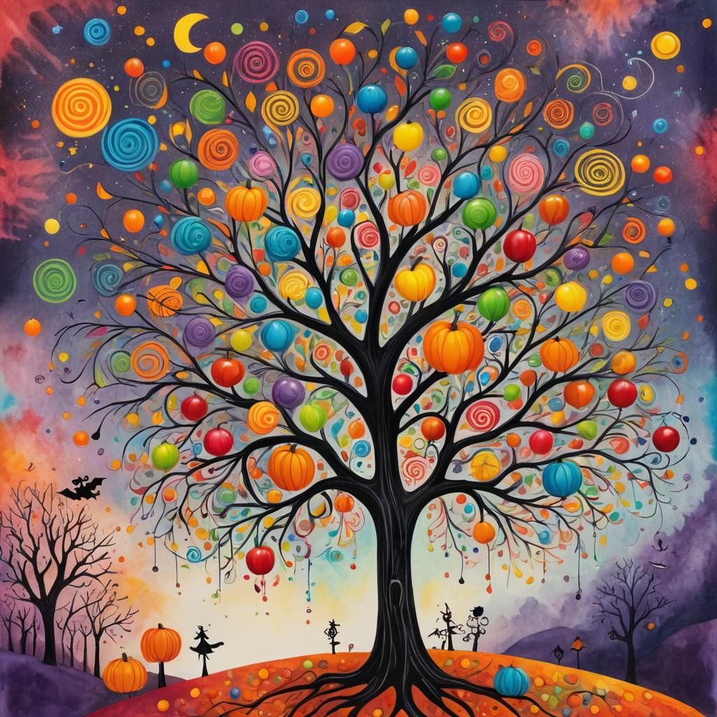 Surreal Halloween Tree with Candy, Child's Crayon Drawing