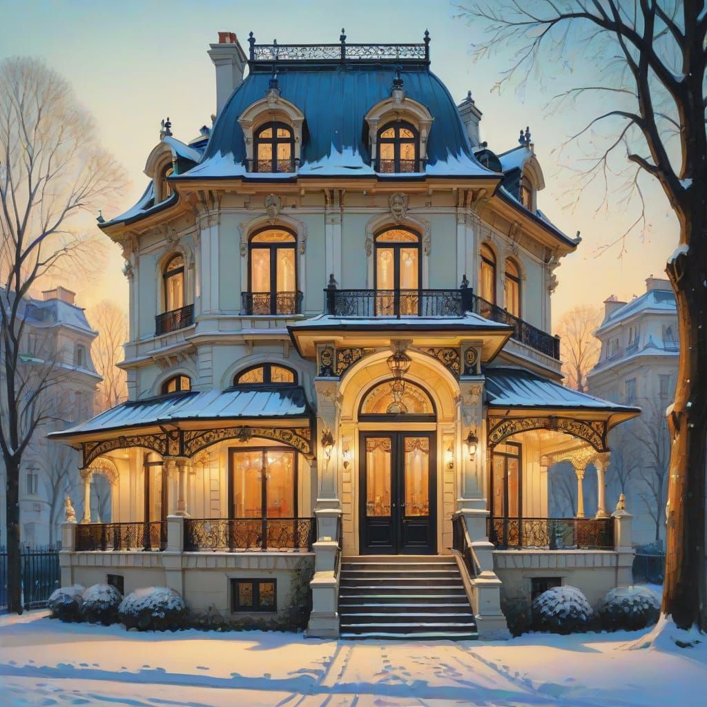 Ornate Belle Epoque Lodge in Bucharest as Gouache Painting