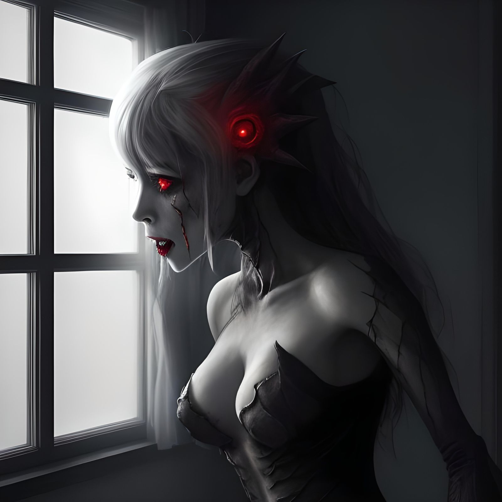 Eerie Female Monster Watching from Window