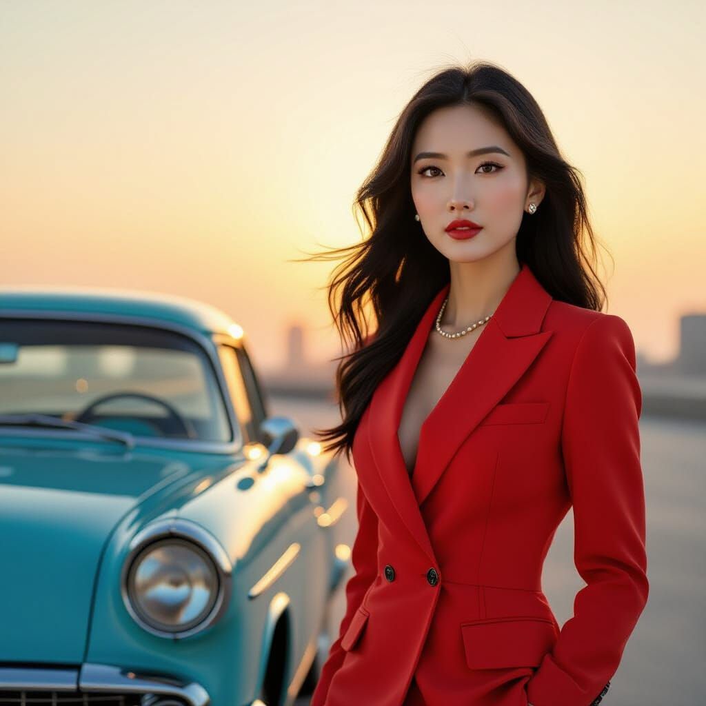 Confident Woman in Red Beside Classic Car at Sunrise