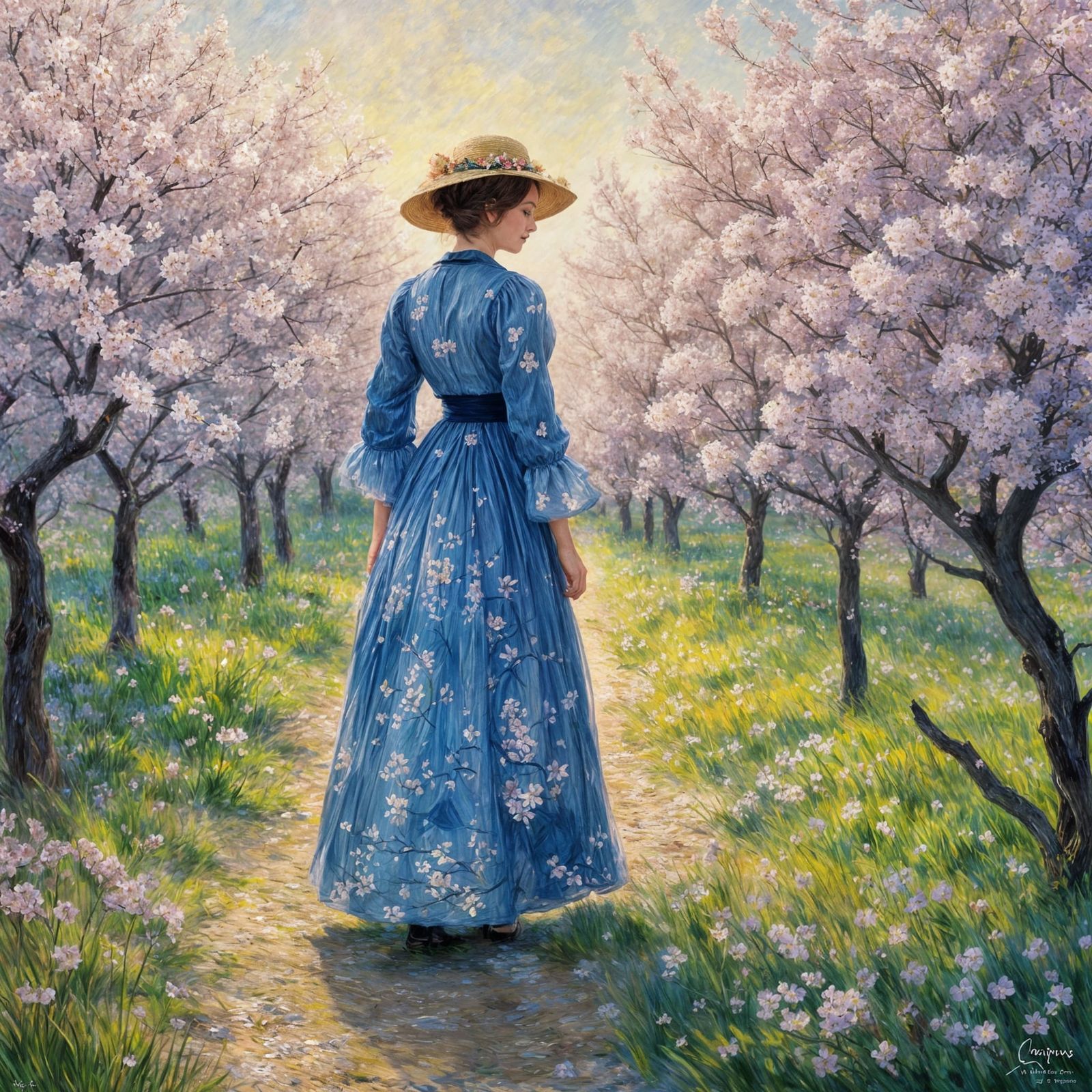 A French Lady Amidst Vibrant Cherry Blossoms in Impressionis...