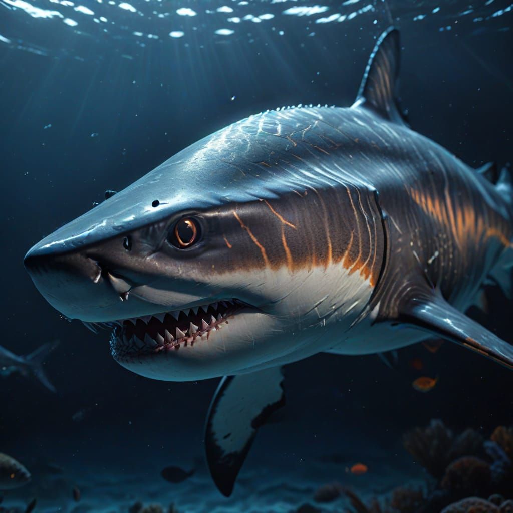 realistic hybrid animal, a mix of a Tiger and  Shark