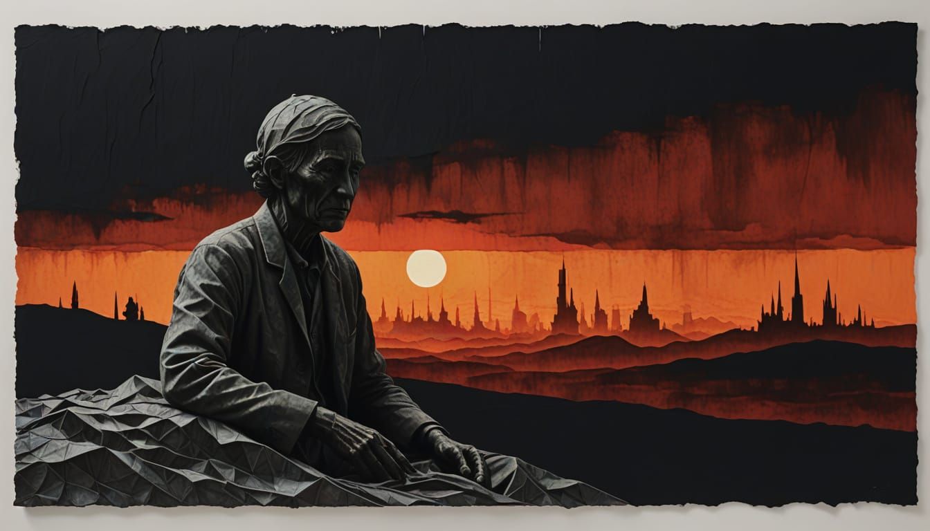 Mixed Media Artwork with Haunting Landscape and Sculptural E...