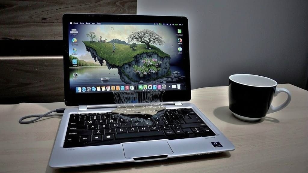 Laptop in Surreal, Dreamlike Waterfall Scene