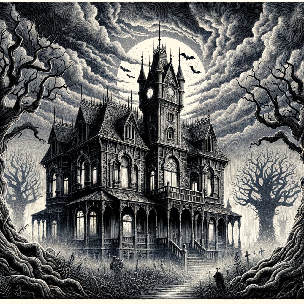 Gothic Manor in Stormy Moonlight