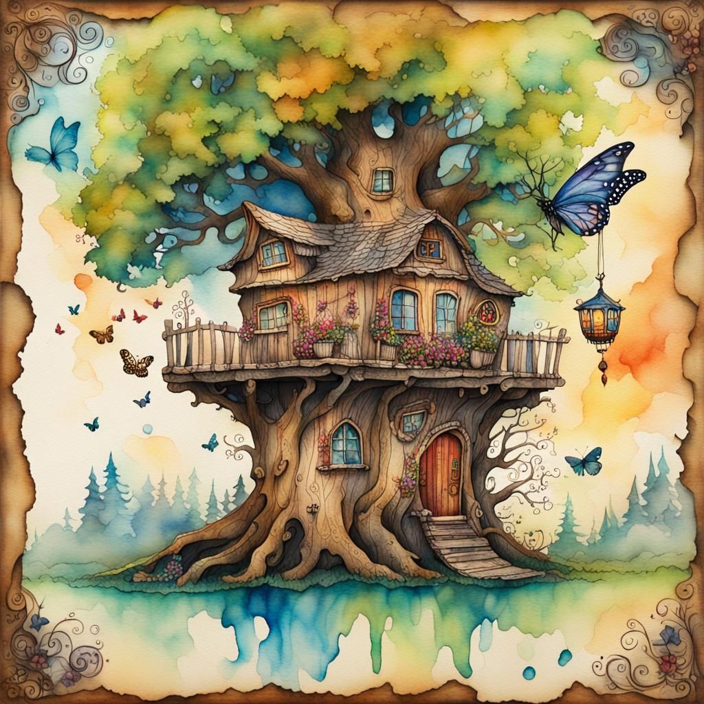 Whimsical Treehouse Scrapbook Page with Watercolor Details