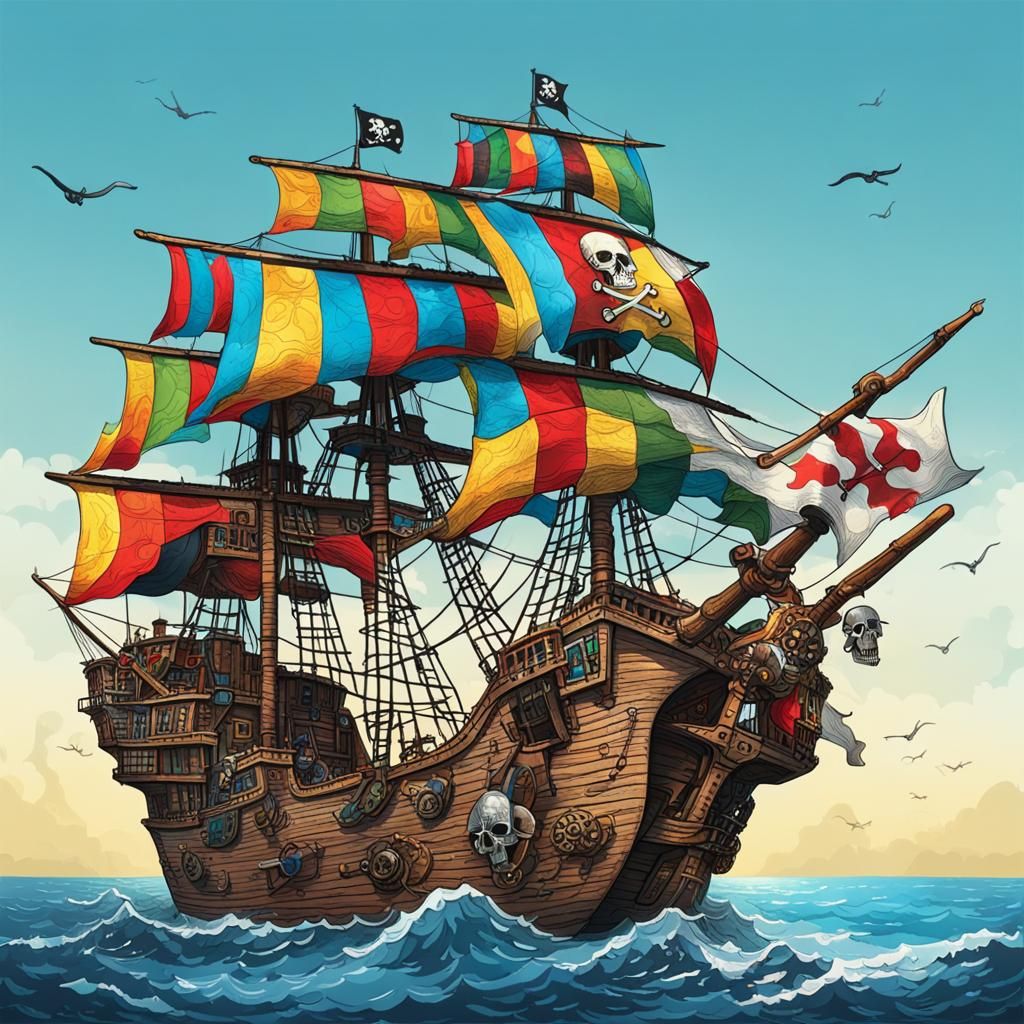 Colorful Pirate Ship on the Open Sea