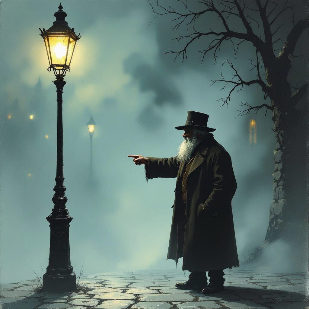 Old Man Points to Dark Alleyway Under Gaslight