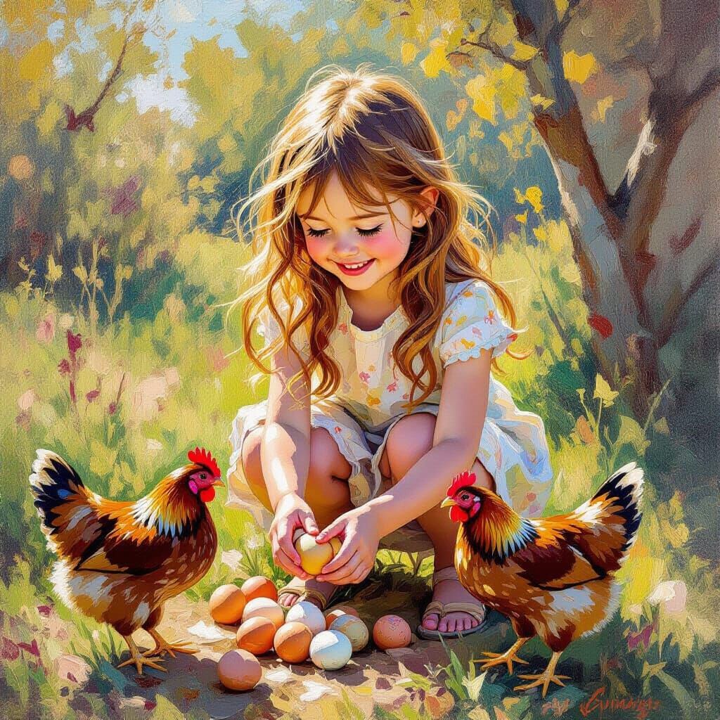 Girl Gathers Eggs From Happy Chickens in Neo-Impressionist S...