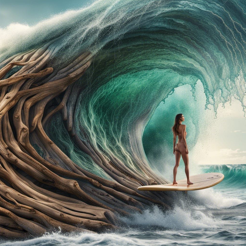 Seaweed Woman Surfing Crystal Wave: Fantasy Art