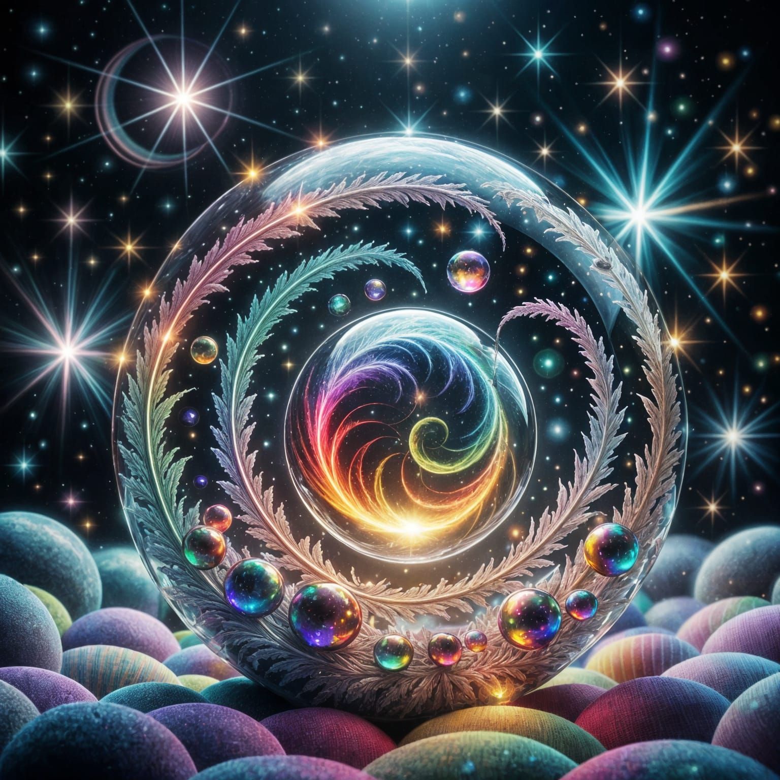 Glass Orb with Swirling Nebula on Velvet Cushion