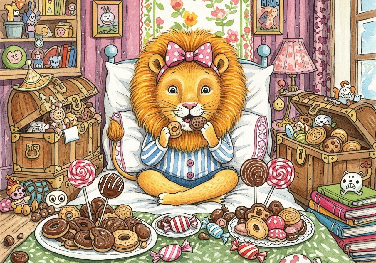 Lion Girl's Sweet Treat: Whimsical Gouache Illustration