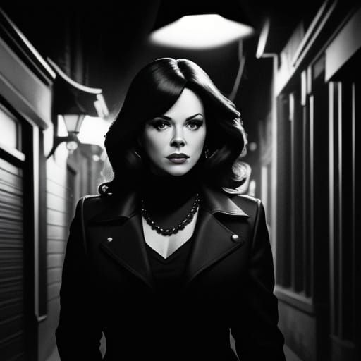 Film Noir Mystery Woman Looks Over Shoulder in Dark Alley