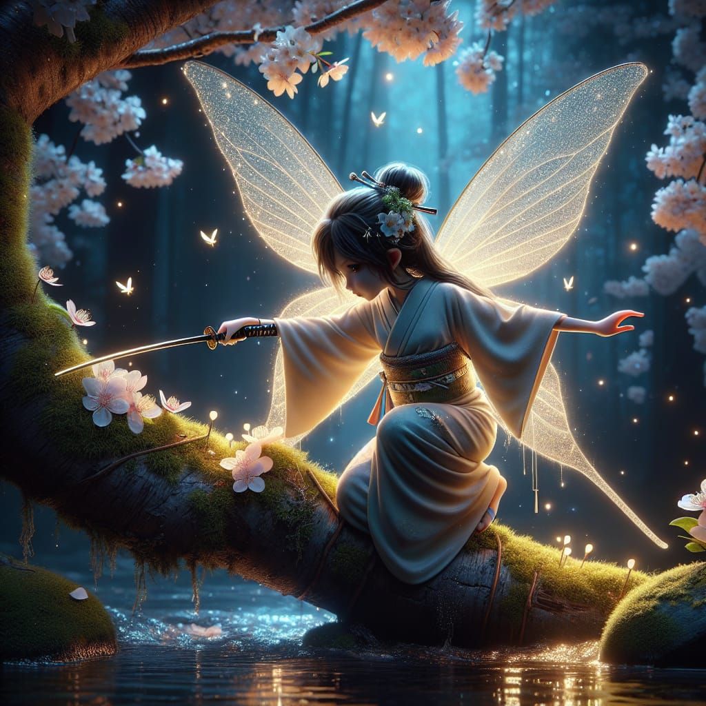 Japanese Fairy with Katana in Spring Forest