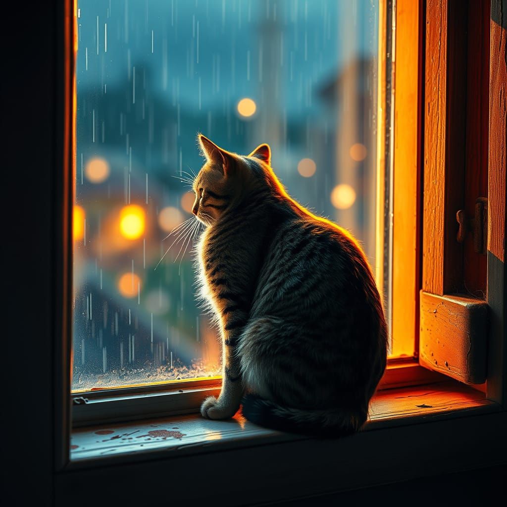 Backlit Tabby Cat on Rainy Windowsill
