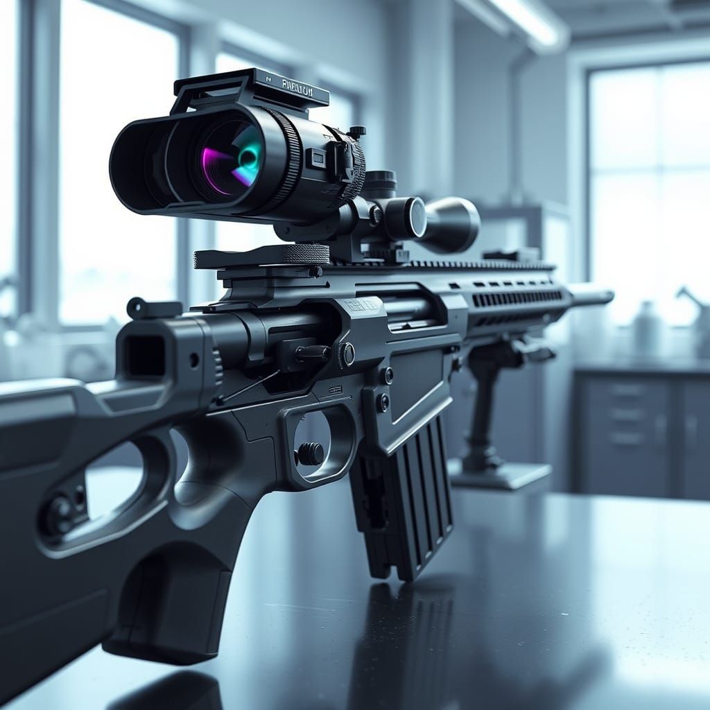 Sleek, High-Tech Sniper Rifle on a Laboratory Workbench